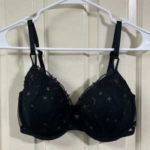 Victoria's Secret Sexy Tee Embroidered Push-Up Bra - 34DD - Black Stars & Moons